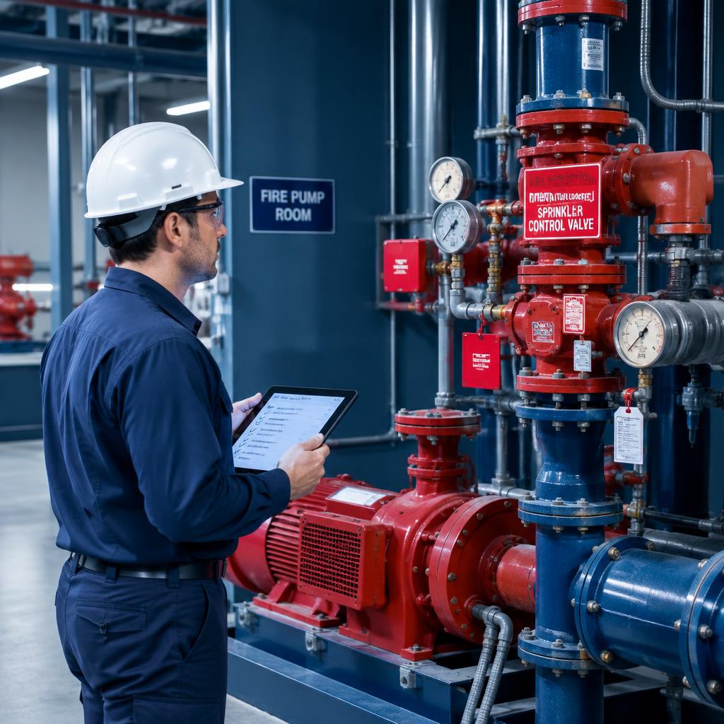 RSG technician inspecting a fire pump and sprinkler control valve